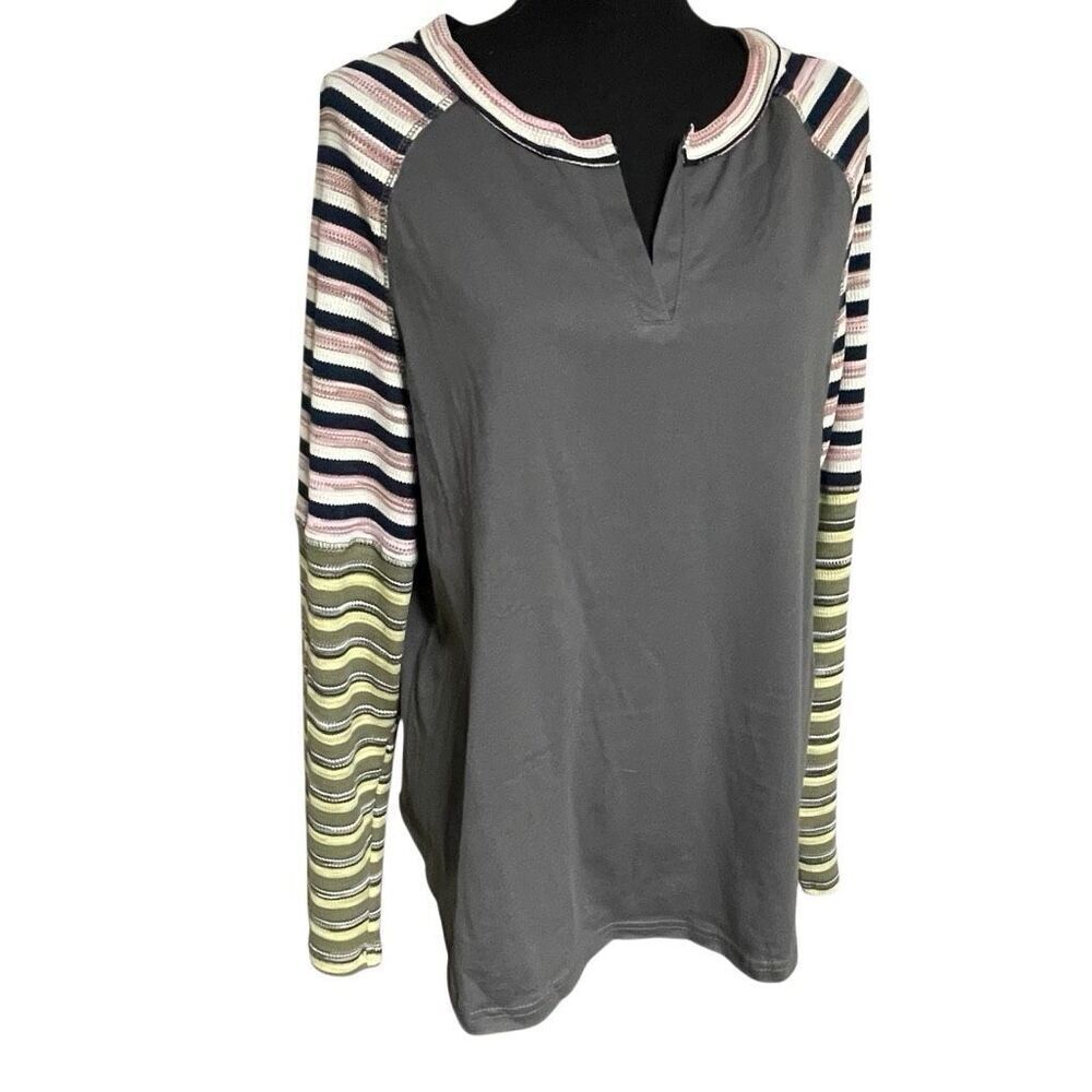 Bohemela Gray and Mixed Stripe Long Sleeve Tee N0538